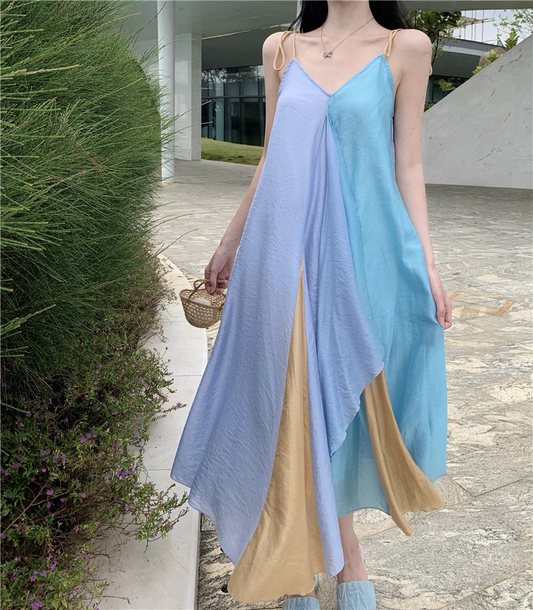 Simple Multi-color Splicing Design A-Line Casual V-neck Spaghetti Strap Dress TP3160