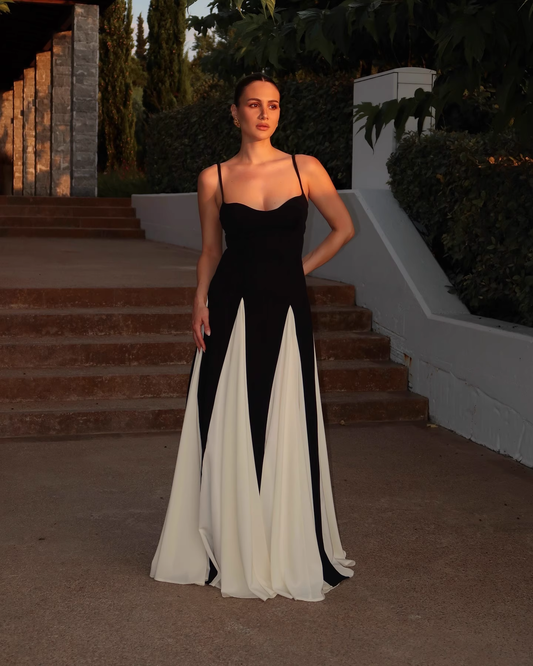 Vintage Black and White A-Line Prom Dress Spaghetti Strap Evening Dress Long Formal Dress TP4639