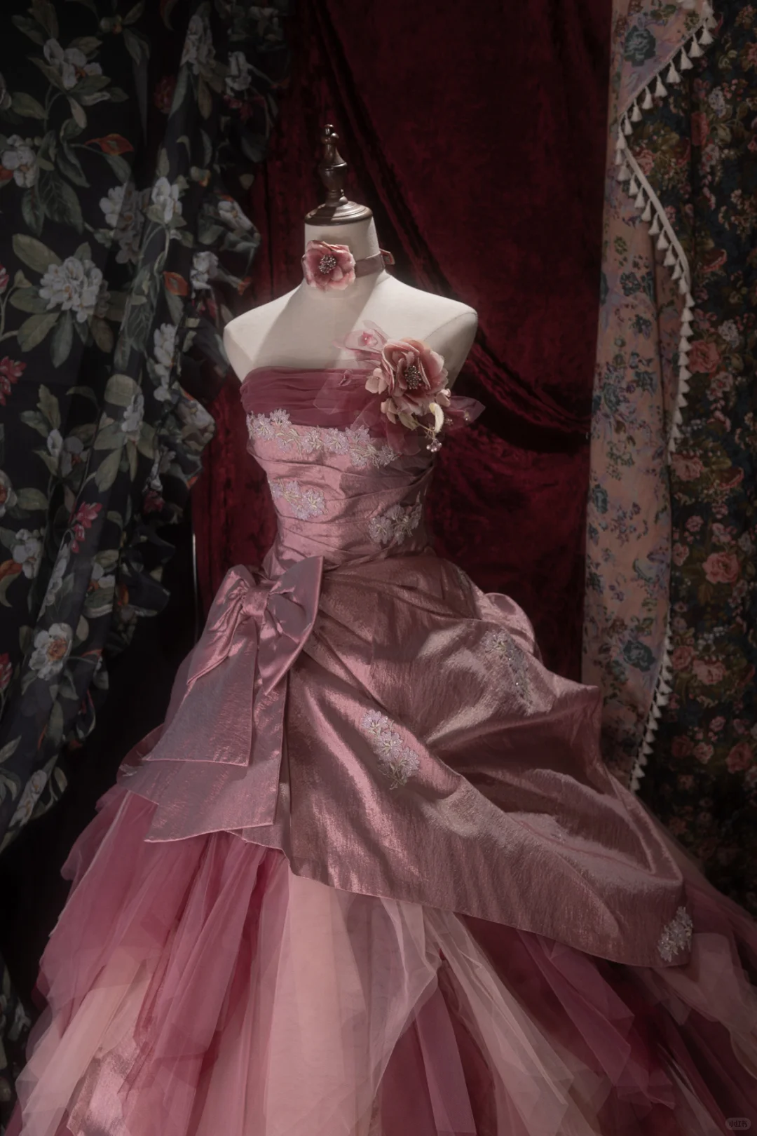 Gorgeous Pink Strapless Tiered Tulle & Satin Floral Ball Gown TP5788