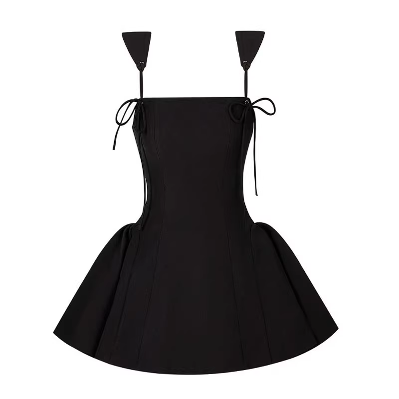 Simple Black Square Collar Design A-line Sleeveless Spaghetti Strap Puffy Dress TP3293
