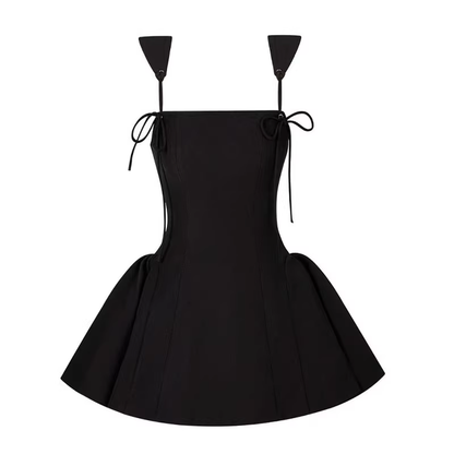 Simple Black Square Collar Design A-line Sleeveless Spaghetti Strap Puffy Dress TP3293
