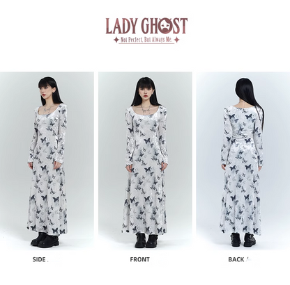 New Fashion Butterfly Pattern Design Sense White Long-sleeved Dress TP2929