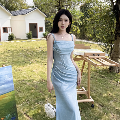 Vintage Shiny Light Blue Spaghetti Strap Mermaid Long Summer Dresses Prom Dress Evening Dress TP4359