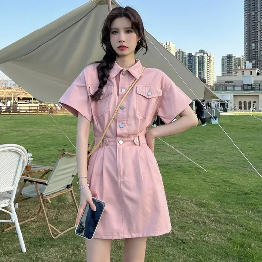 Simple Casual Short Sleeve Button-front Denim Dress TP2823