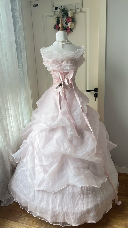 Glamorous Pink Off-the-Shoulder Lace Embroidered Bow Tiered Organza Ball Gown TP5830