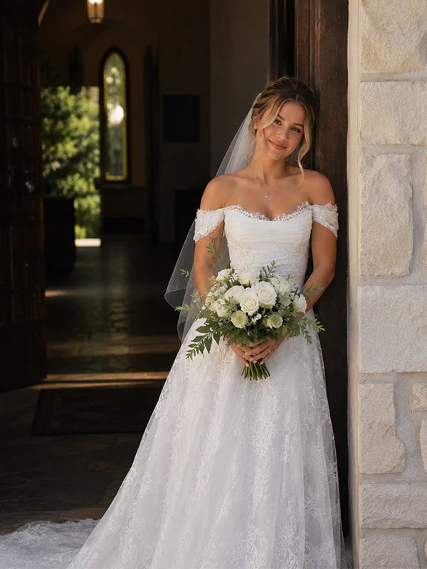 Vintage Off-the-Shoulder Floral Lace A-Line Ruched Bodice Chapel Train Wedding Dress TP6051