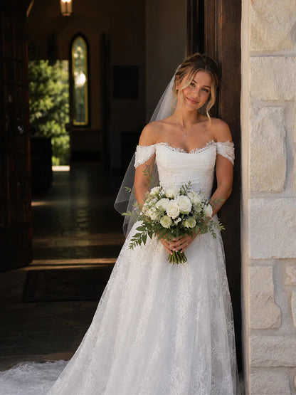 Vintage Off-the-Shoulder Floral Lace A-Line Ruched Bodice Chapel Train Wedding Dress TP6051