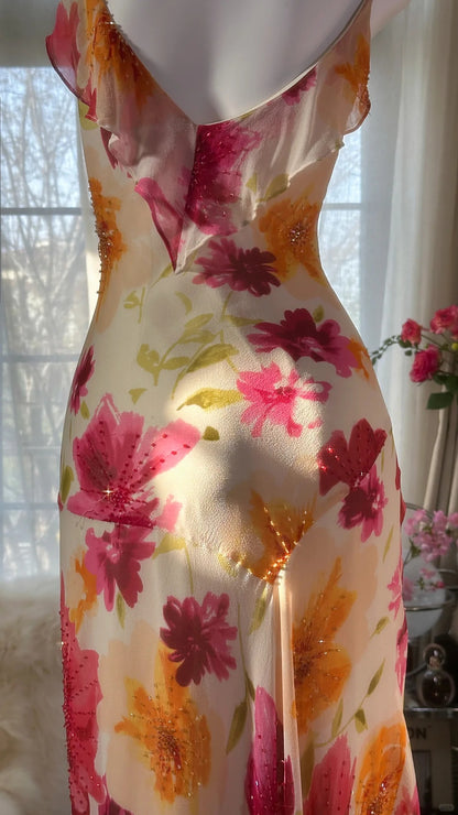 Vintage Floral A-line V-neck Spaghetti Strap Evening Dress Prom Dresses TP3931