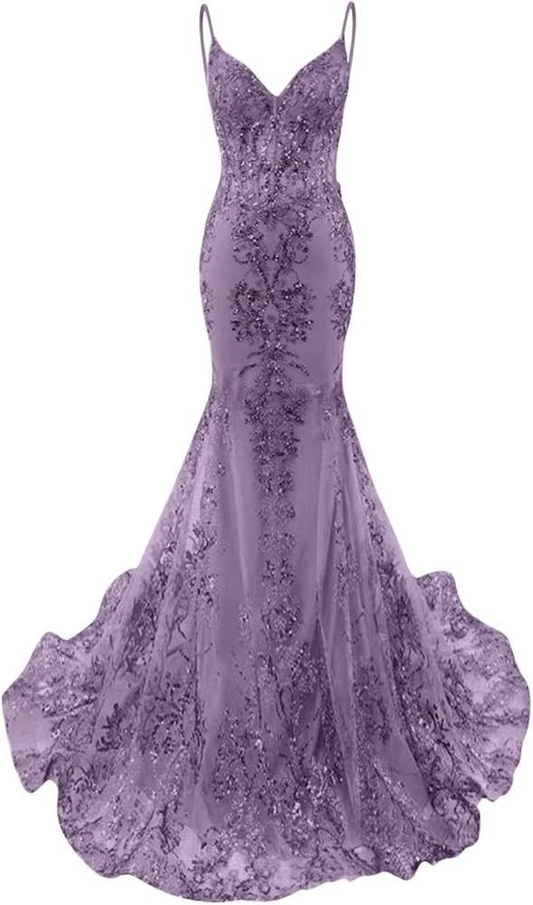 Elegant Lilac Applique Sequin Evening Gown Mermaid Spaghetti Strap V-neck Party Dress Floor Length Formal Dress TP4897
