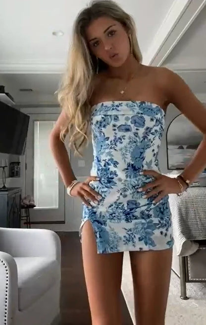 Vintage Floral Print Strapless Short Sheath Party Dress Cocktail Dress Homecoming Dress TP4440