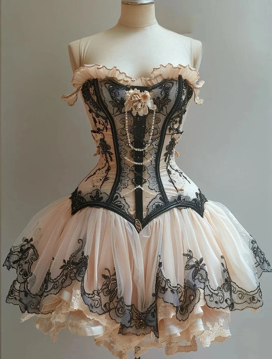 Retro Strapless Sweetheart Lolita Princess Dress A-line Applique Chiffon Party Dress Homecoming Dress TP4089