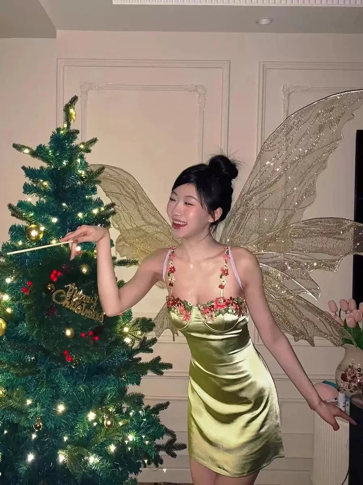 Vintage Green Floral Mermaid Spaghetti Strap Design Satin Prom Dress Evening Dress TP4226