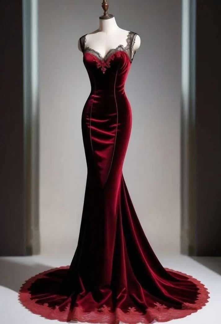Vintage Burgundy Velvet Evening Gown Mermaid Sweetheart Party Dress Long Formal Dress TP4970