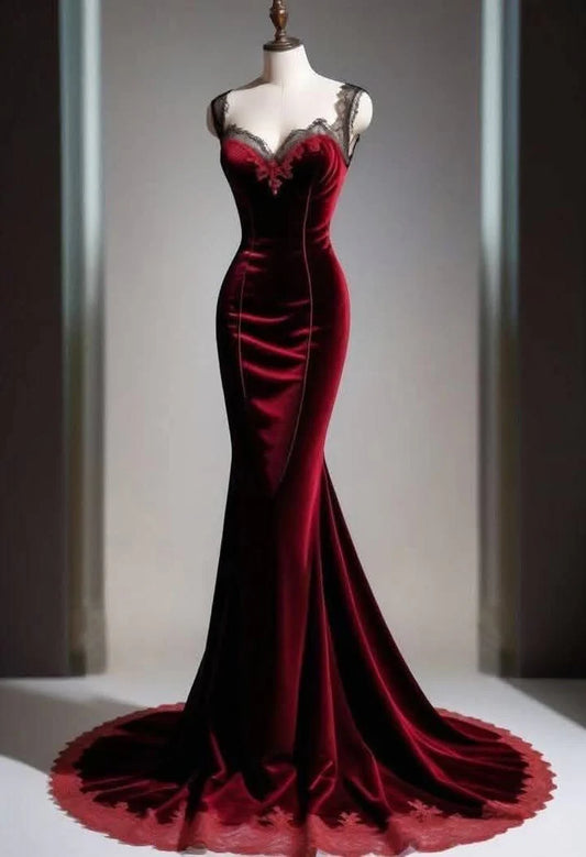 Vintage Burgundy Velvet Evening Gown Mermaid Sweetheart Party Dress Long Formal Dress TP4970