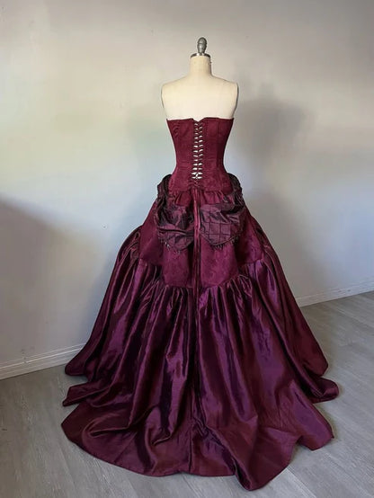 Vintage Burgundy Satin Sweet 16 Quinceanera Strapless Beaded Evening Dress Long Ball Gown TP4962