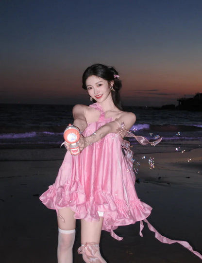 Cute Pink Ruffle Short A-Line Satin Party Dress Cocktail Dress Homecoming Dress TP4429