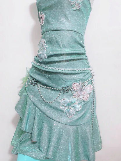 Fashion Mint Green Sparkling Sequin Spaghetti Strap Ruffled Hem Short 16th Birthday Party Dress Homecoming Dress TP4039