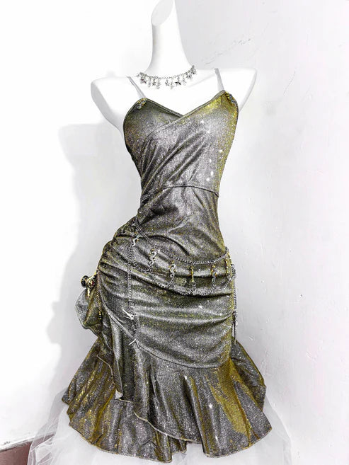 Vintage Green Spaghetti Strap Ruffled Hem Hem Short 16th Birthday Party Dress Homecoming Dress TP4038