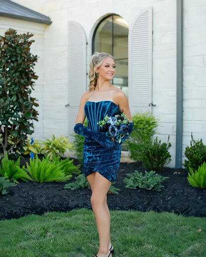 Fashion Blue Velvet Tight Design Party Gown Elegant Strapless Homecoming Dress TP3551