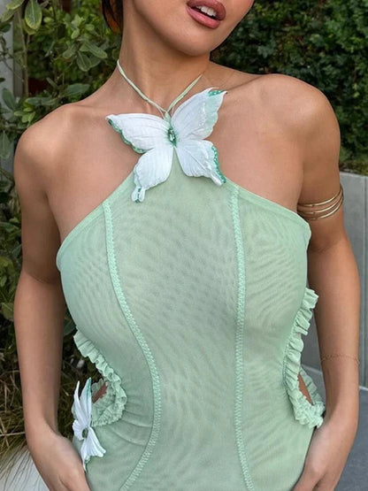Charming Aqua Chiffon Butterfly Design Prom Dress Sheath Halter-neck Evening Dress Long Formal Dress TP4715