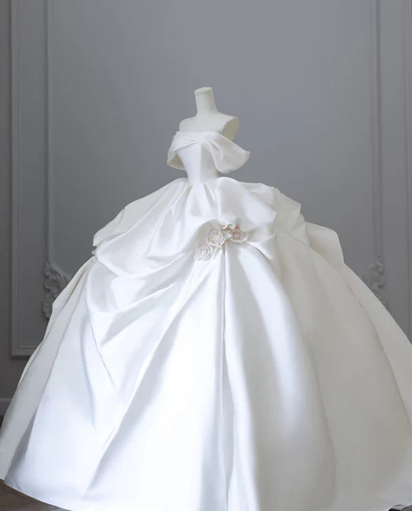 Elegant White Satin Off-the-shoulder Ruffle Ball Gown Design A-Line Wedding Dress TP4104