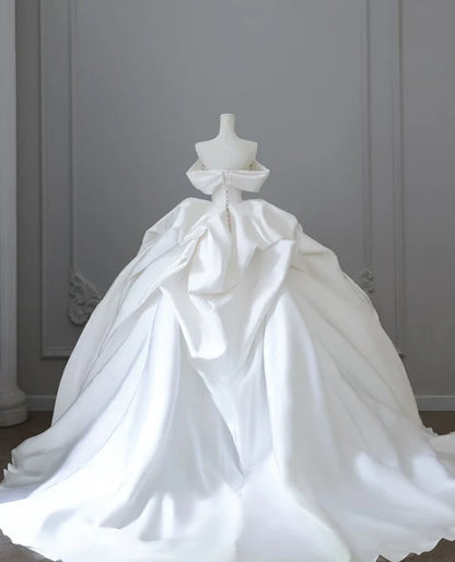 Elegant White Satin Off-the-shoulder Ruffle Ball Gown Design A-Line Wedding Dress TP4104