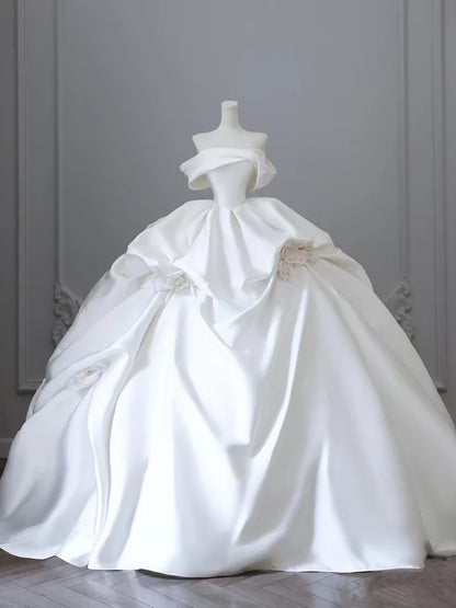 Elegant White Satin Off-the-shoulder Ruffle Ball Gown Design A-Line Wedding Dress TP4104