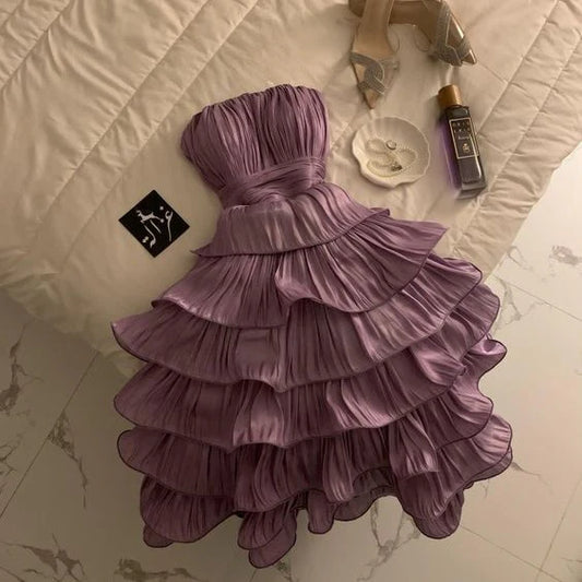 Chic Light Purple A-Line Homecoming Dress Strapless Pleated Party Dress Short Tiered Cocktail Dress TP4649