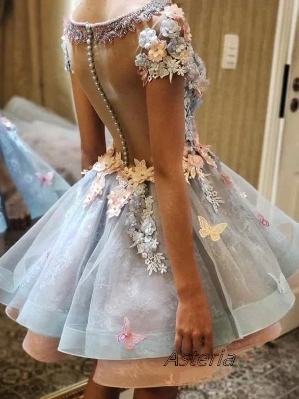 Chic 3D Floral Short-sleeve Design Tulle A-line Mini Homecoming Dress TP3607