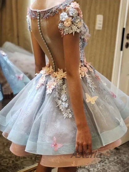 Chic 3D Floral Short-sleeve Design Tulle A-line Mini Homecoming Dress TP3607