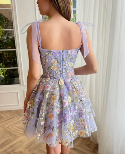 Cute Lavender 3D Floral Design Tulle A-line Mini Strapless Homecoming Dress TP3609