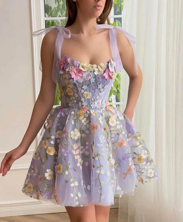 Cute Lavender 3D Floral Design Tulle A-line Mini Strapless Homecoming Dress TP3609