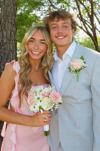 Vintage Pink Chiffon Ruffled Backless Homecoming Dress Party Dress Cocktail Dress TP4703