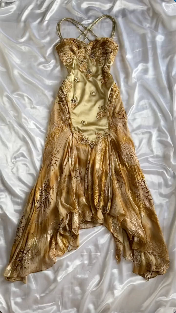 Vintage Golden Sweetheart Applique A-line Spaghetti Strap Evening Dress Prom Dresses TP3930