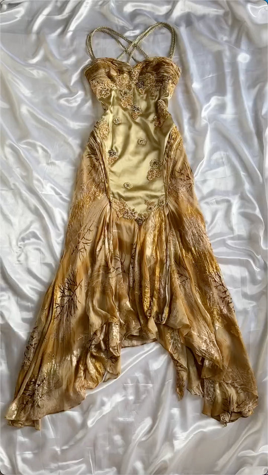 Vintage Golden Sweetheart Applique A-line Spaghetti Strap Evening Dress Prom Dresses TP3930