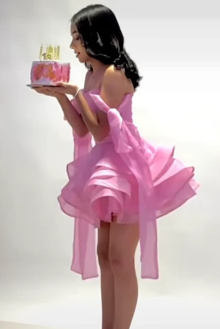 Cute Pink Off-the-shoulder A-Line Short Tiered Party Dress Cocktail Dress Homecoming Dress TP4458