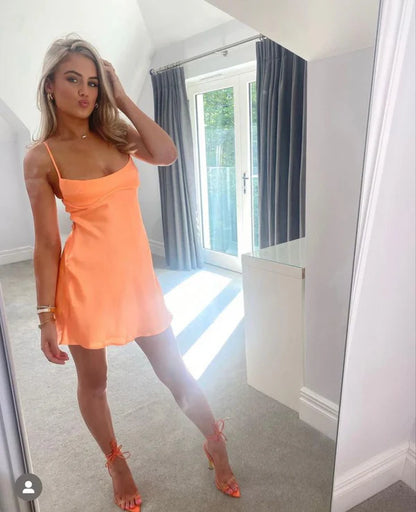 Cute Orange Satin Spaghetti Strap Sheath Short Party Dress Cocktail Dress Homecoming Dress TP4457