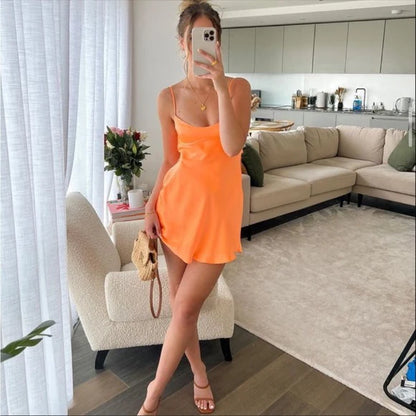 Cute Orange Satin Spaghetti Strap Sheath Short Party Dress Cocktail Dress Homecoming Dress TP4457