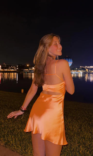 Cute Orange Satin Spaghetti Strap Sheath Short Party Dress Cocktail Dress Homecoming Dress TP4457