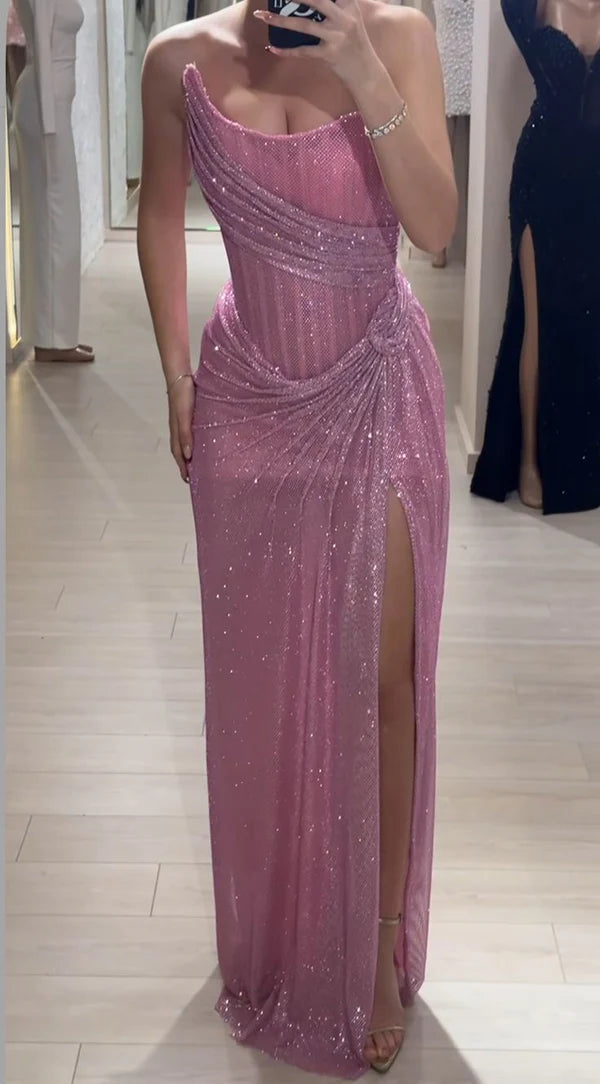 Vintage Pink Glittering Tulle Strapless Evening Gown Sheath Party Dress Long Formal Dress TP4973