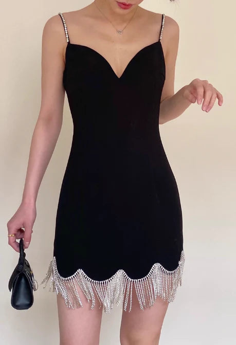 Vintage Black Sweetheart Tassel Spaghetti Strap Sheath Short Party Dress Cocktail Dress Homecoming Dress TP4462