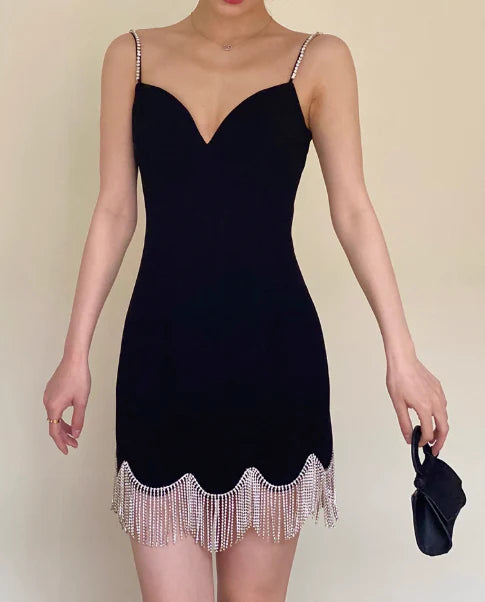 Vintage Black Sweetheart Tassel Spaghetti Strap Sheath Short Party Dress Cocktail Dress Homecoming Dress TP4462