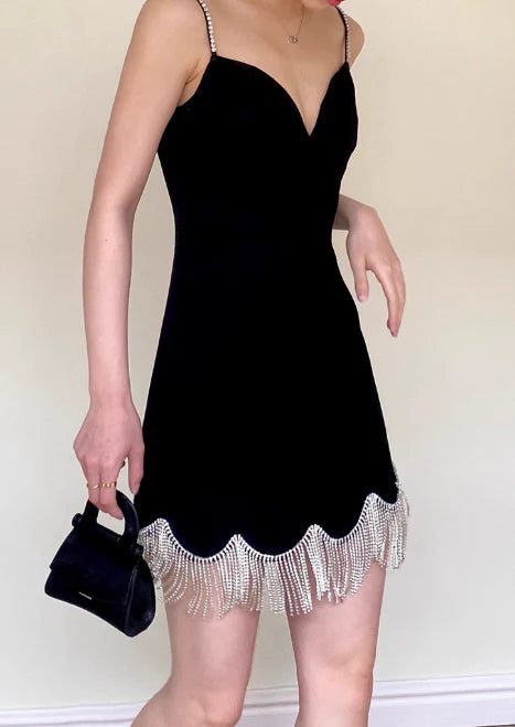 Vintage Black Sweetheart Tassel Spaghetti Strap Sheath Short Party Dress Cocktail Dress Homecoming Dress TP4462