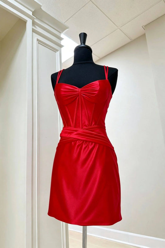 Vintage Red Satin Spaghetti Straps Open Back Ruched Sheath Homecoming Dress TP6001