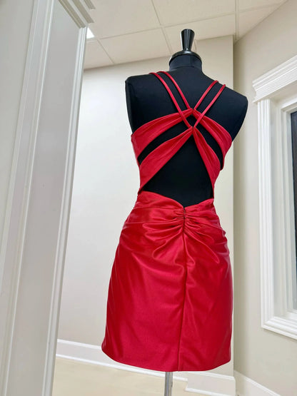 Vintage Red Satin Spaghetti Straps Open Back Ruched Sheath Homecoming Dress TP6001