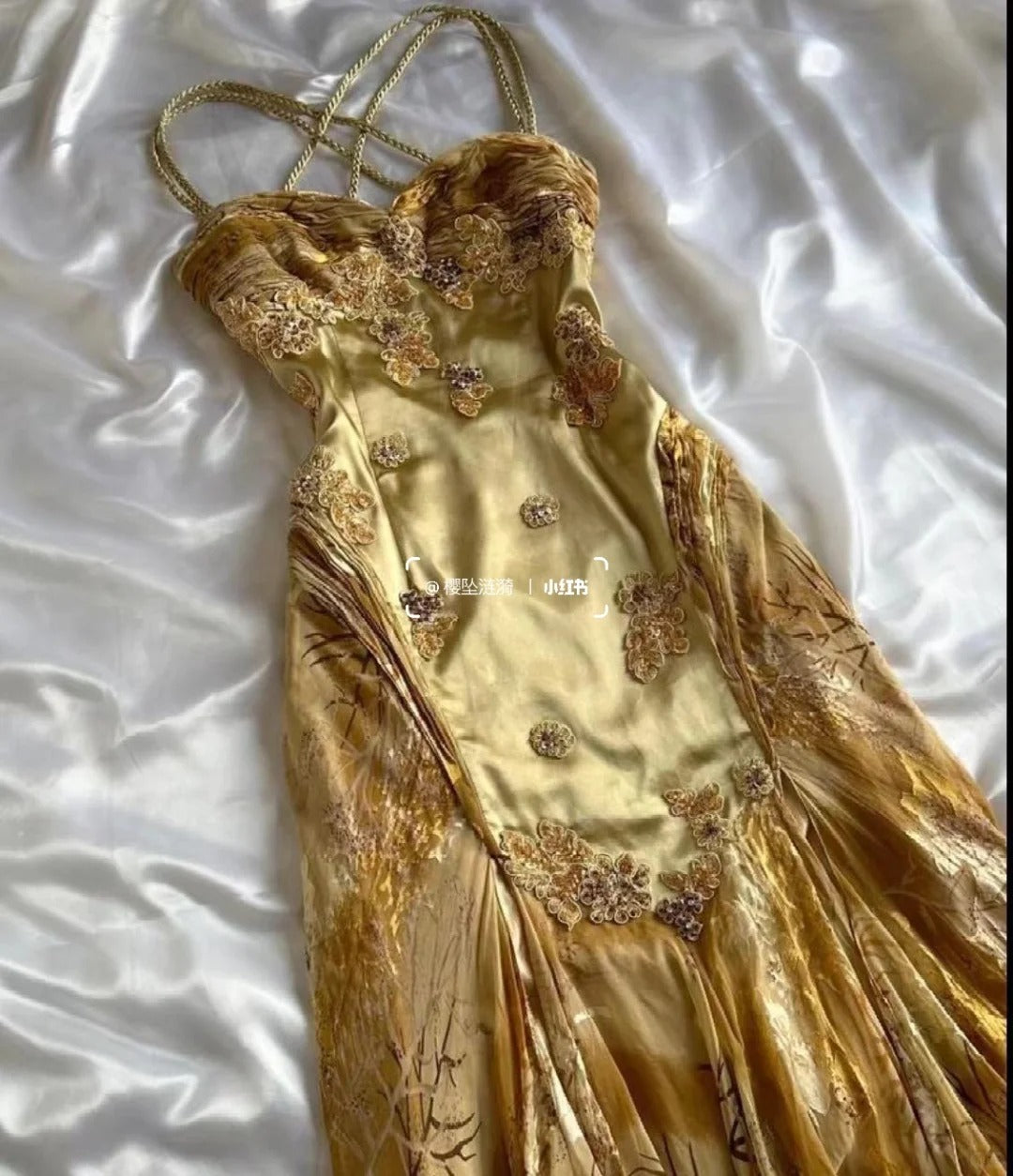 Vintage Golden Sweetheart Applique A-line Spaghetti Strap Evening Dress Prom Dresses TP3930