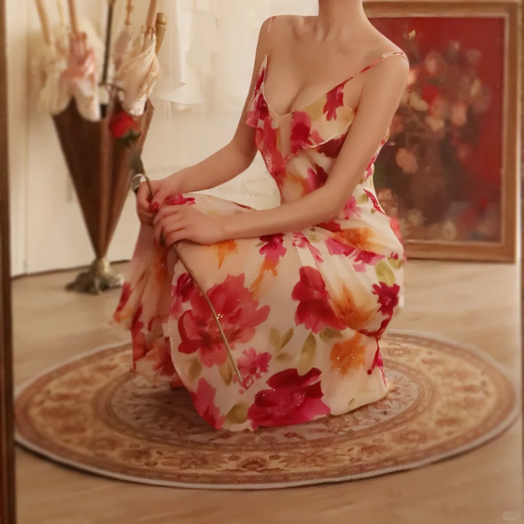 Vintage Floral A-line V-neck Spaghetti Strap Evening Dress Prom Dresses TP3931