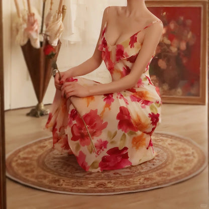 Vintage Floral A-line V-neck Spaghetti Strap Evening Dress Prom Dresses TP3931