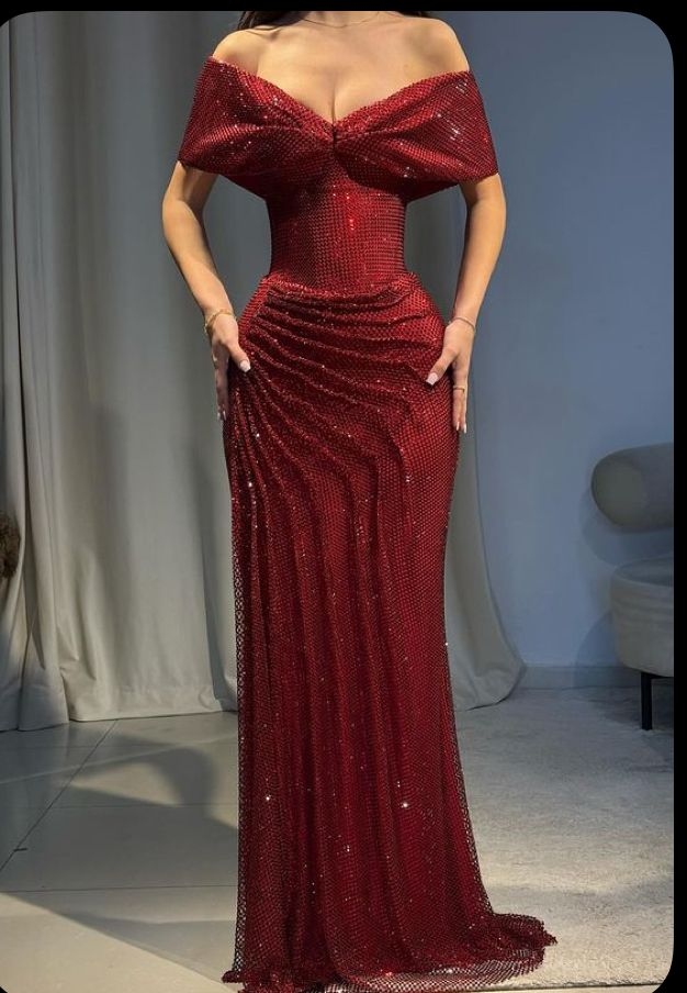 Glittering Burgundy Sheath Evening Gown Off-the-shoulder Party Dress Floor Length Formal Dress TP4905