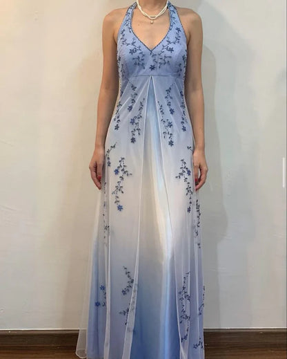 Vintage Ombre Halter Neck Floral Embroidery Chiffon Evening Gown TP5696
